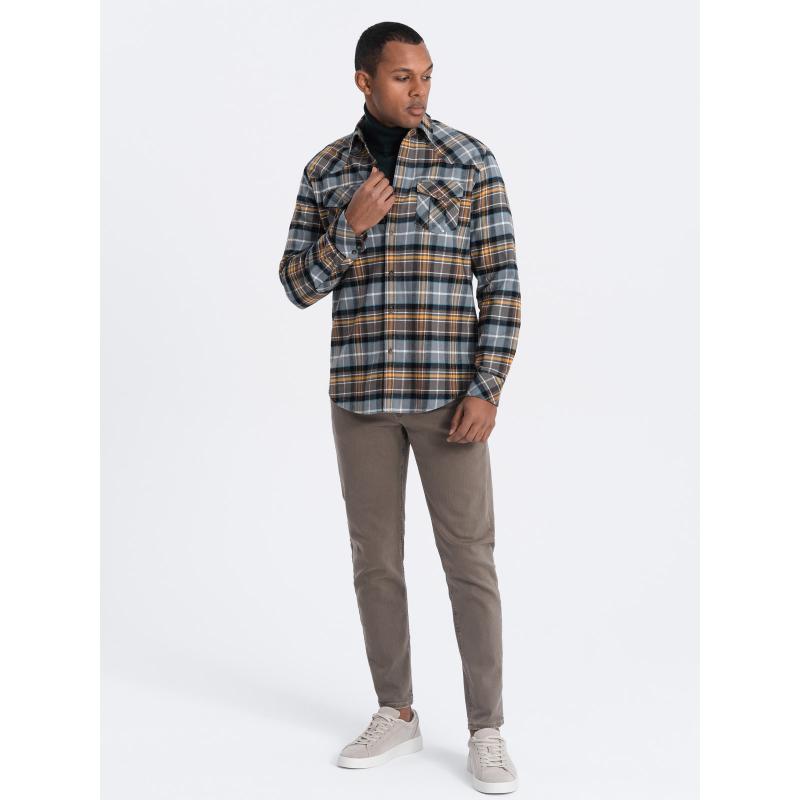 Pánská kostkovaná flanelová košile s kapsami V1 OM-SHCS-0149 šedožlutá 