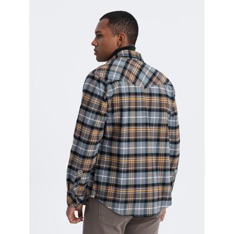 Pánská kostkovaná flanelová košile s kapsami V1 OM-SHCS-0149 šedožlutá 