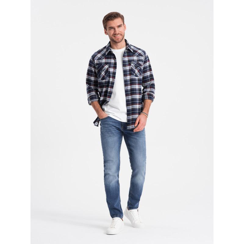 Pánská kostkovaná flanelová košile s kapsami V2 OM-SHCS-0149 tmavě modrá a červená 