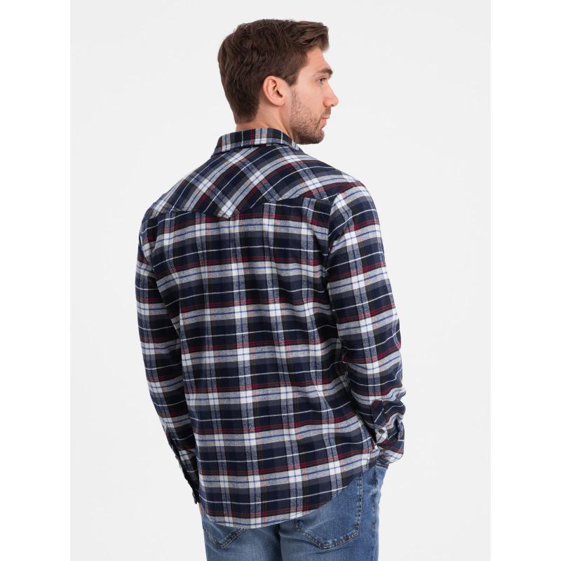 Pánská kostkovaná flanelová košile s kapsami V2 OM-SHCS-0149 tmavě modrá a červená 