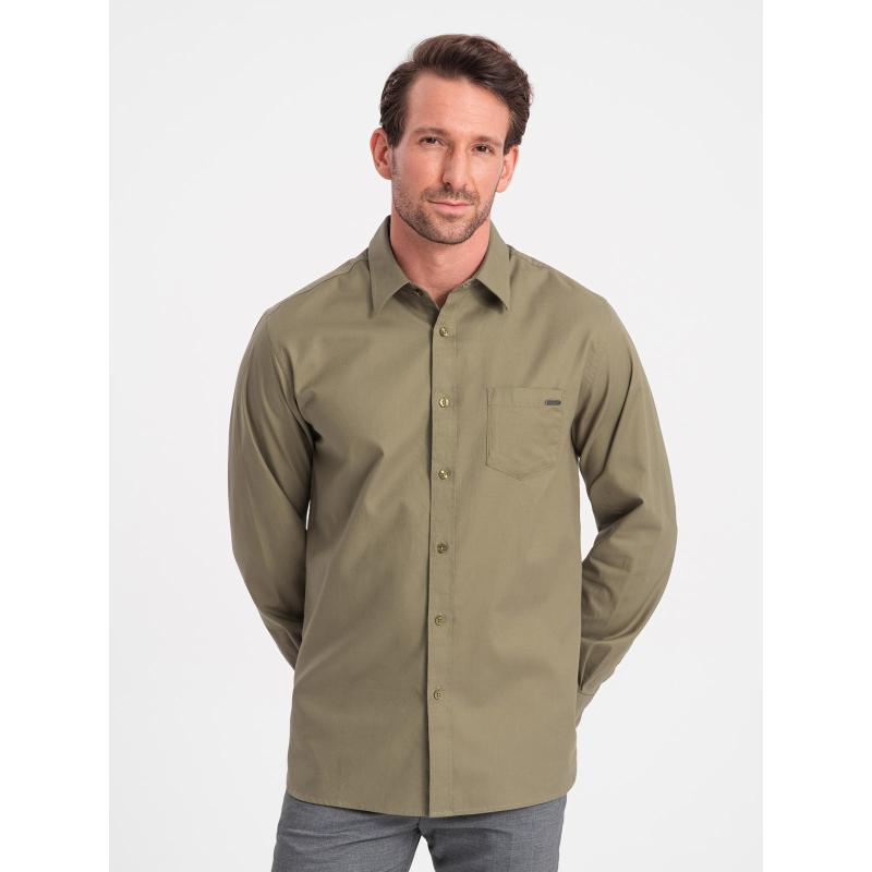 Pánska bavlnená košeľa s vreckom REGULAR FIT V2 OM-SHCS-0147 olivová