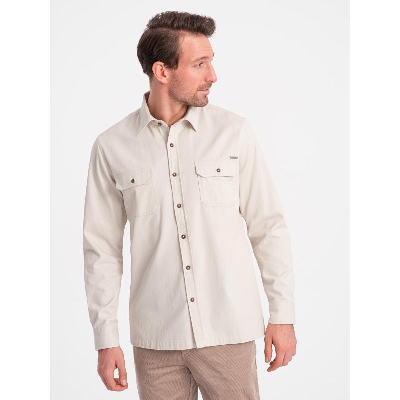 Pánská bavlněná košile REGULAR FIT s kapsami na knoflíky V1 OM-SHCS-0146 krémová 