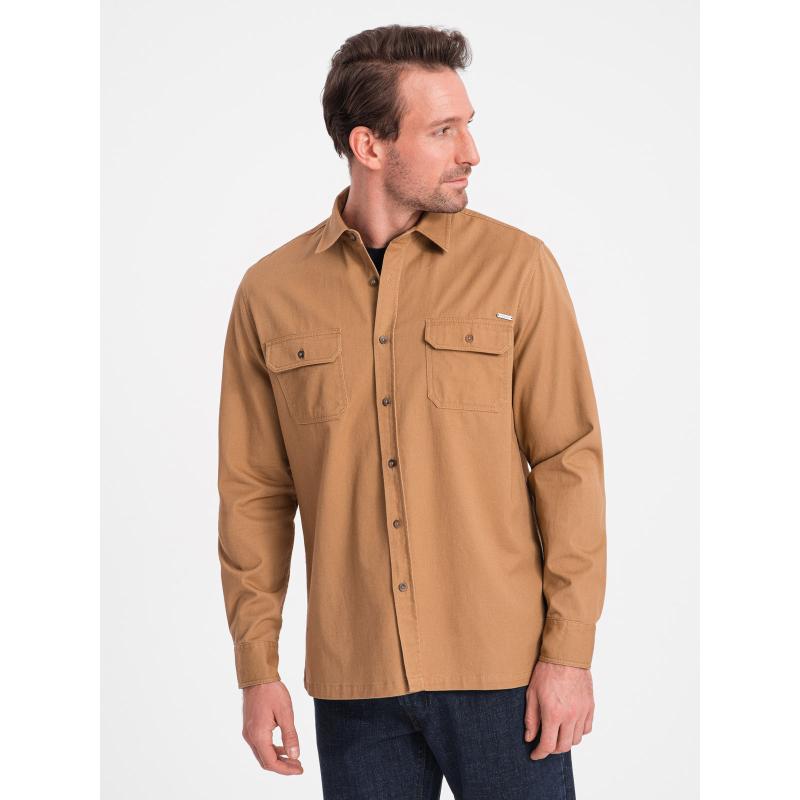 Pánská bavlněná košile REGULAR FIT s kapsami na knoflíky V2 OM-SHCS-0146 hnědá