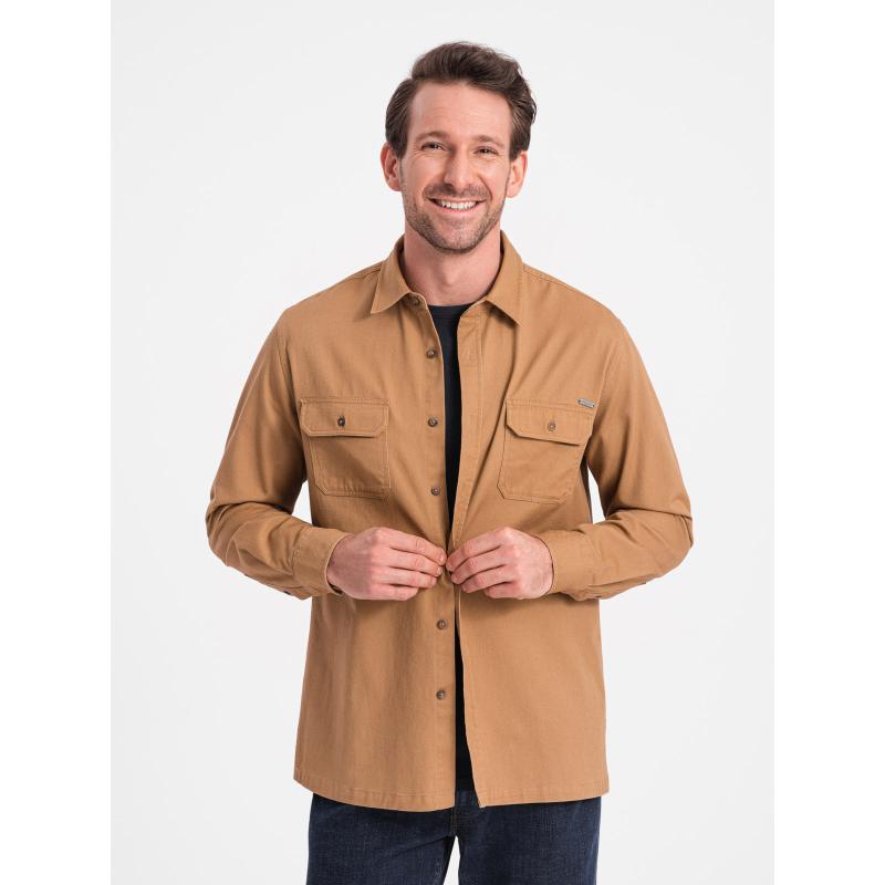Pánská bavlněná košile REGULAR FIT s kapsami na knoflíky V2 OM-SHCS-0146 hnědá