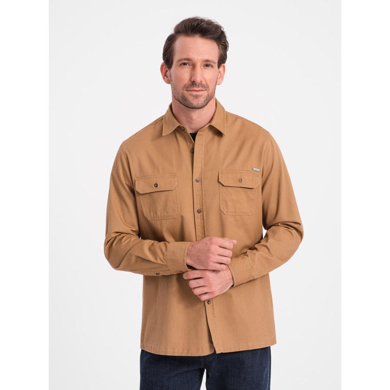 Pánská bavlněná košile REGULAR FIT s kapsami na knoflíky V2 OM-SHCS-0146 hnědá