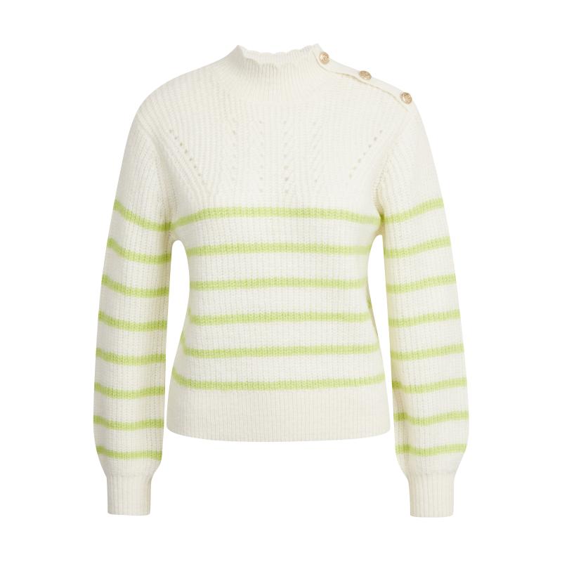 Zeleno-biely vlnený dámsky pruhovaný sveter