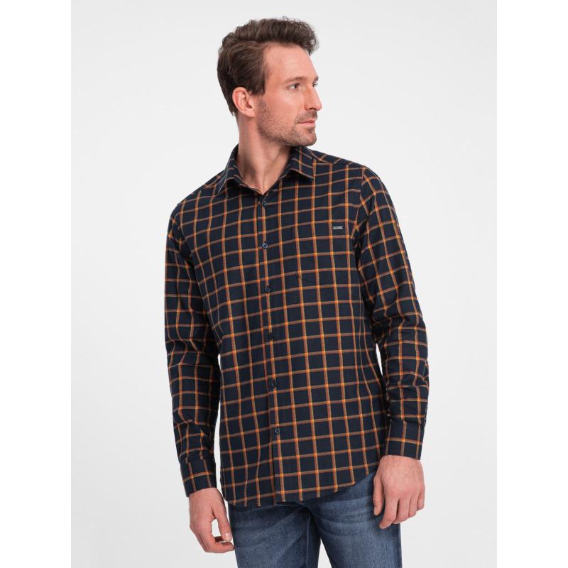 Férfi kockás flanel ing SLIM FIT sötétkék és narancssárga