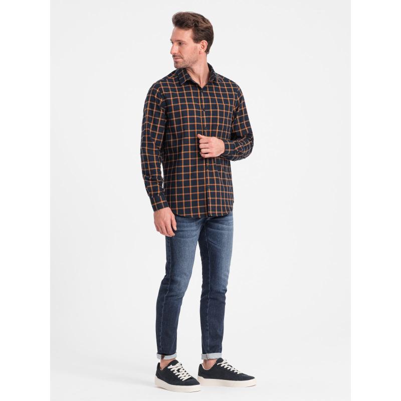 Férfi kockás flanel ing SLIM FIT sötétkék és narancssárga