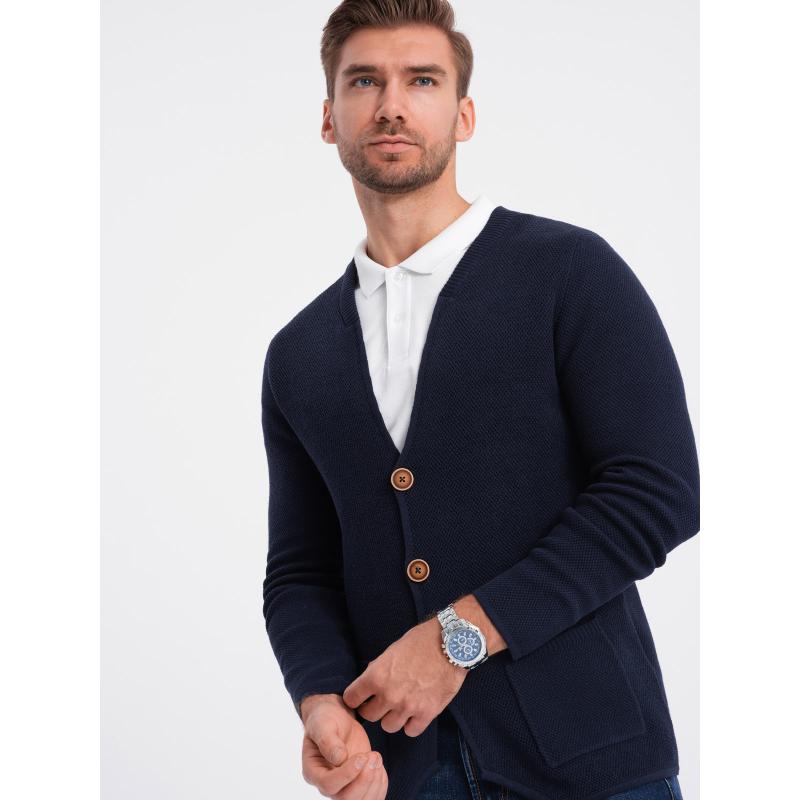 Férfi strukturált pulóver zsebekkel V3 OM-SWCD-0109 sötétkék