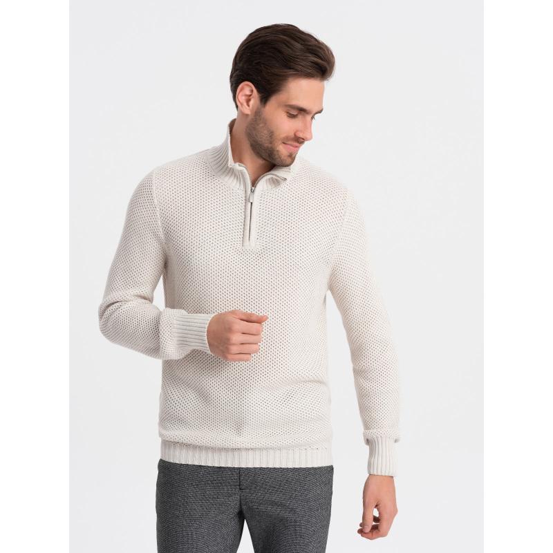 Pánsky pletený sveter s predĺženým golierom V1 OM-SWZS-0105 krémový