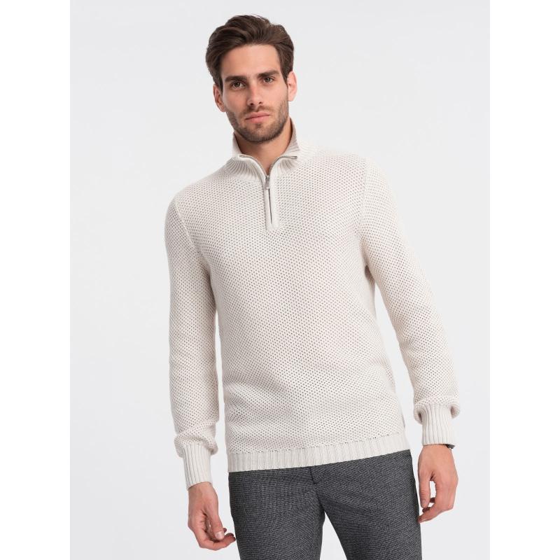 Pánsky pletený sveter s predĺženým golierom V1 OM-SWZS-0105 krémový