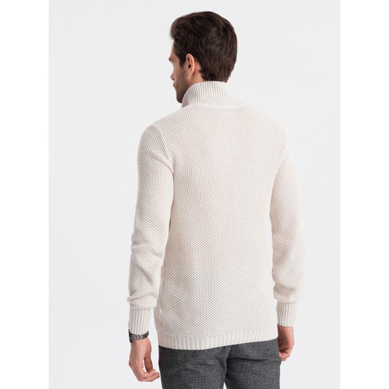 Pánsky pletený sveter s predĺženým golierom V1 OM-SWZS-0105 krémový