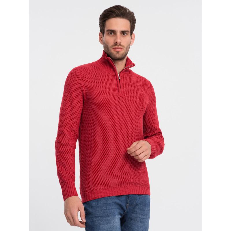 Férfi kötött kardigán hosszabbított gallérral V8 OM-SWZS-0105 vörös