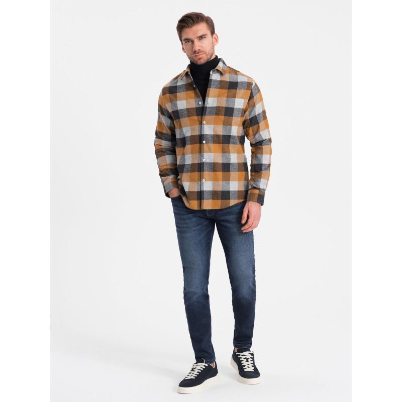 Férfi kockás flanel ing V2 OM-SHCS-0150 OM-SHCS-0150 sárga-fekete
