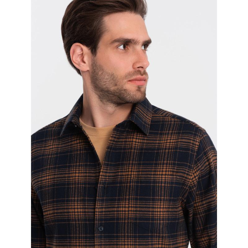 Pánska kockovaná flanelová košeľa V7 OM-SHCS-0150 tmavomodrá a oranžová