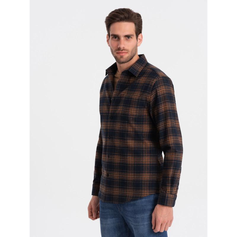 Pánska kockovaná flanelová košeľa V7 OM-SHCS-0150 tmavomodrá a oranžová