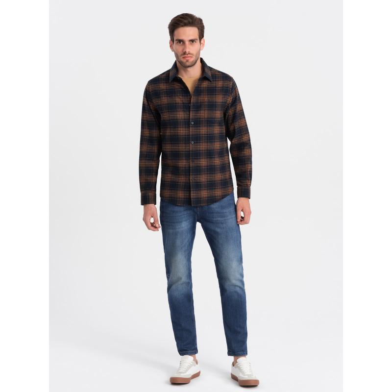 Pánska kockovaná flanelová košeľa V7 OM-SHCS-0150 tmavomodrá a oranžová