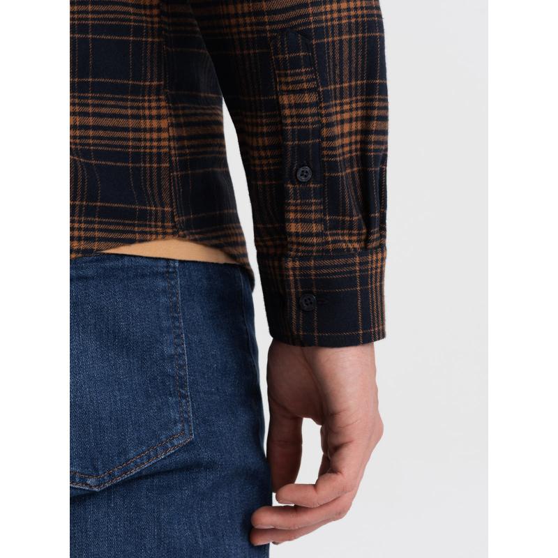 Pánska kockovaná flanelová košeľa V7 OM-SHCS-0150 tmavomodrá a oranžová