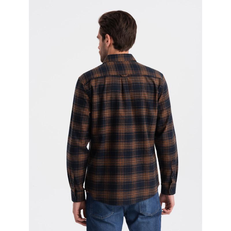 Pánska kockovaná flanelová košeľa V7 OM-SHCS-0150 tmavomodrá a oranžová