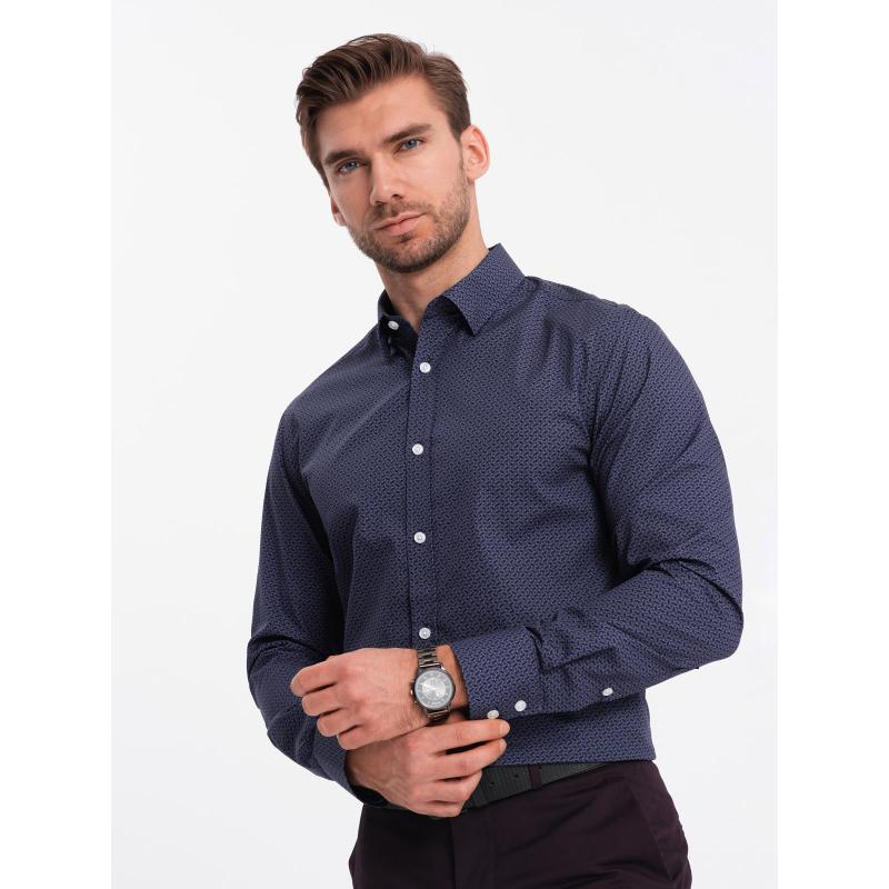 Pánská bavlněná vzorovaná košile SLIM FIT tmavě modrá