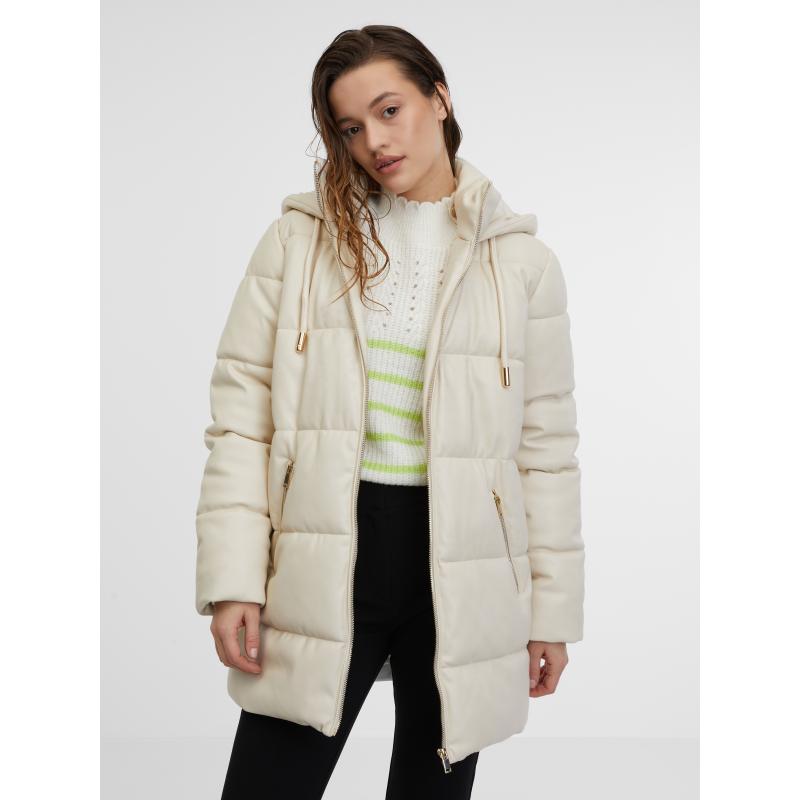 Krémový dámsky prešívaný koženkový kabát