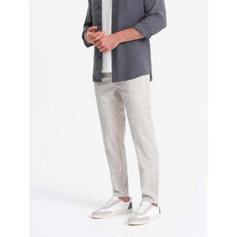 Férfi klasszikus szabású kockás nadrág V1 OM-PACP-0187 bézs OM-PACP-0187 bézs