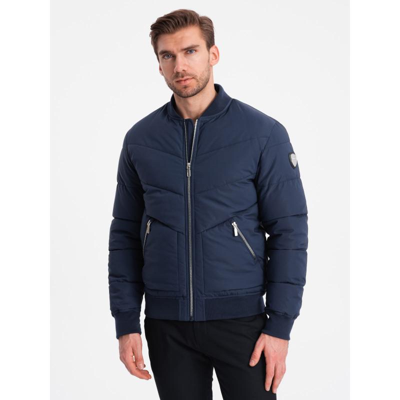 Pánská prošívaná bunda bomber s kovovými zipy V2 OM-JALP-0143 tmavě modrá