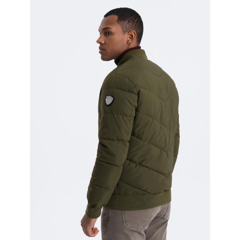 Pánská prošívaná bunda bomber s kovovými zipy tmavě V3 OM-JALP-0143 olivově zelená 