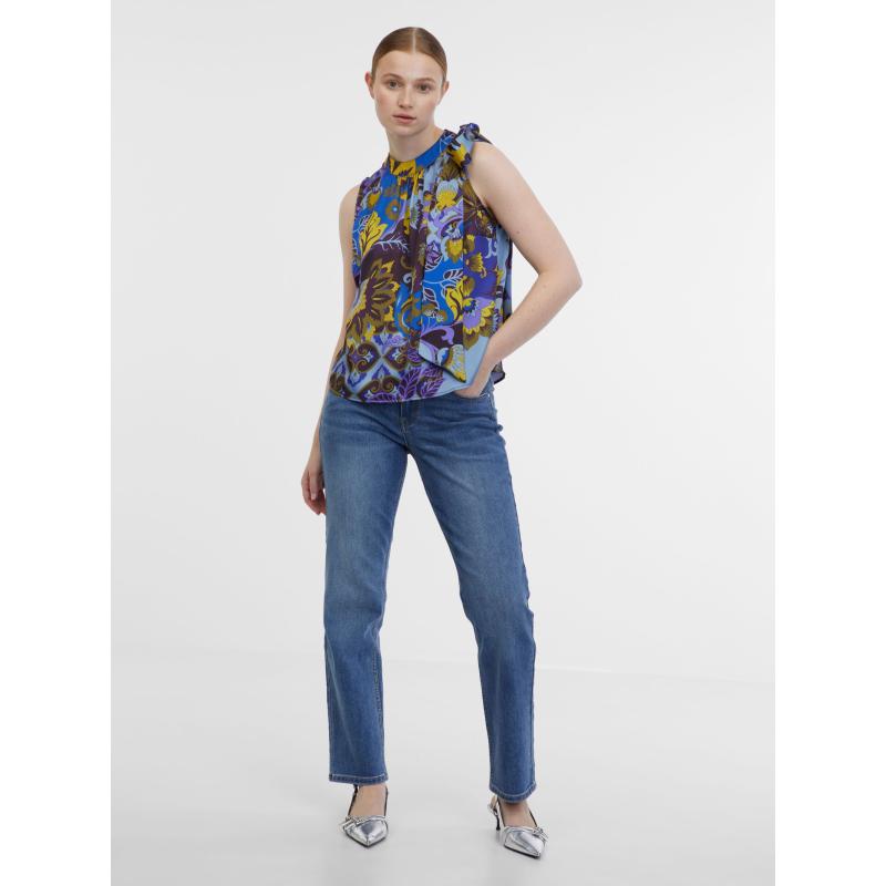 Modrá dámska vzorovaná saténová blúzka