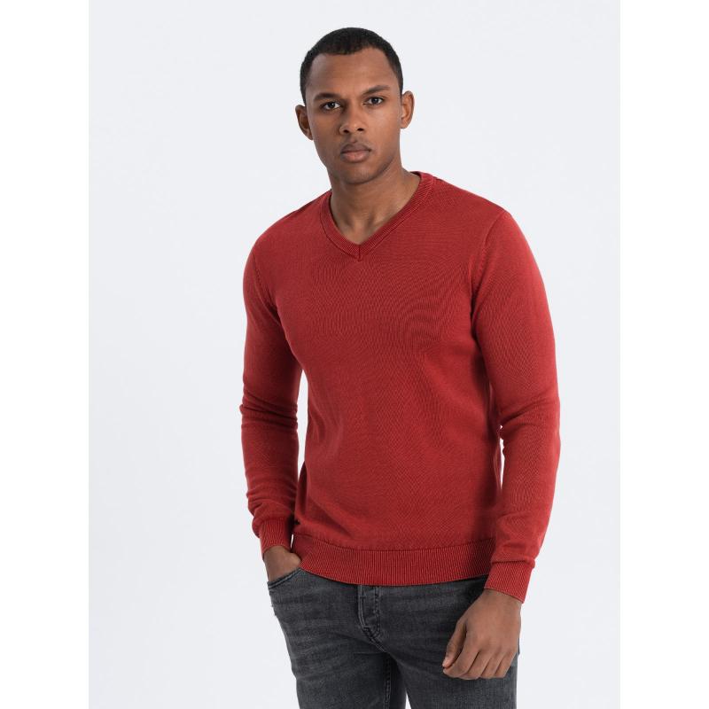 Pánsky praný sveter s výstrihom do V OM-SWOS-0108 červený