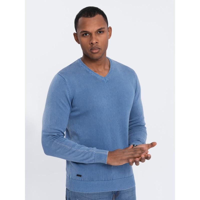 Pánsky opraný sveter s výstrihom do V OM-SWOS-0108 modrý