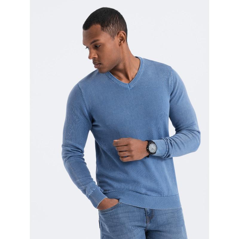 Pánský praný svetr s výstřihem do V V4 OM-SWOS-0108 modrý 