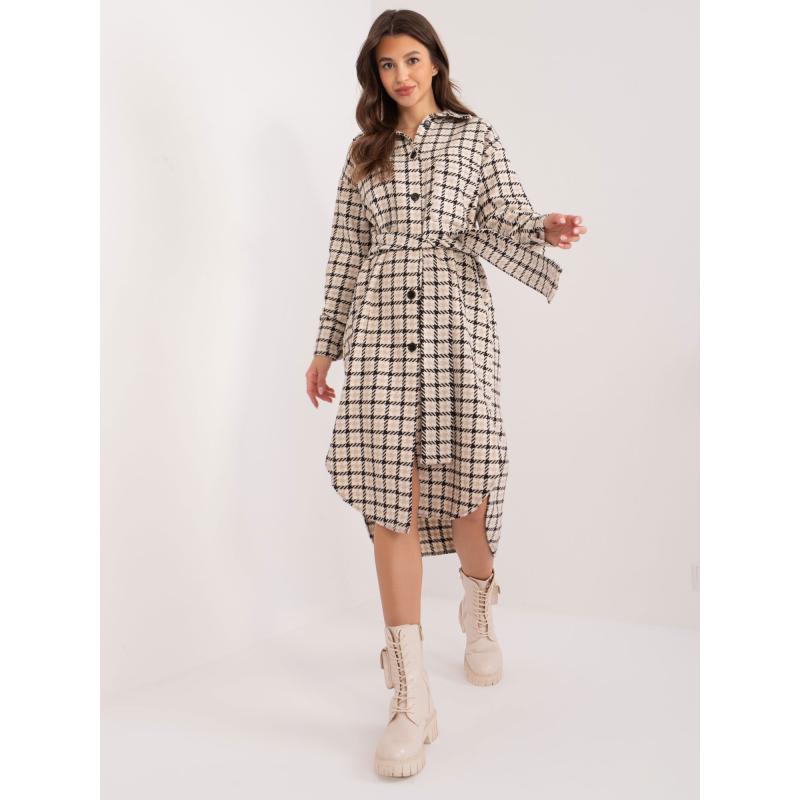 Dámske šaty s opaskom béžovo-čierne