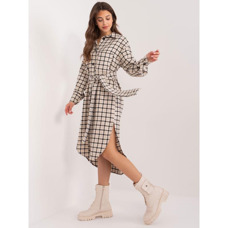 Dámske šaty s opaskom béžovo-čierne
