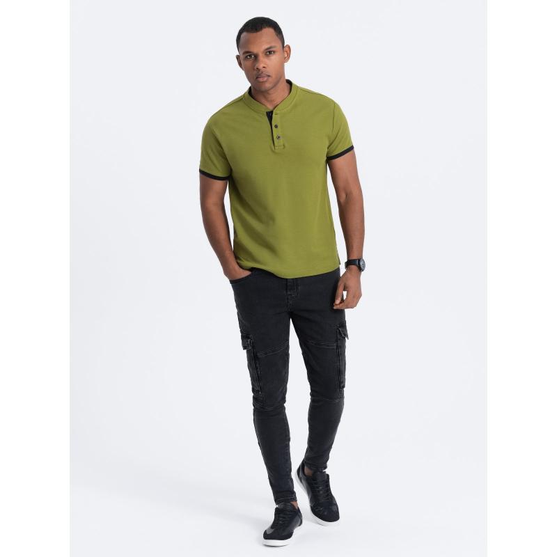 Pánská polokošile bez límečkuV6 OM-TSCT-0156 olivová 