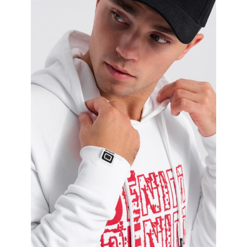 Férfi kenguru kapucnis pulóver kapucnival és nyomtatással V3 OM-SSPS-0158 OM-SSPS-0158 fehér