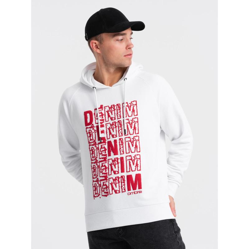 Férfi kenguru kapucnis pulóver kapucnival és nyomtatással V3 OM-SSPS-0158 OM-SSPS-0158 fehér