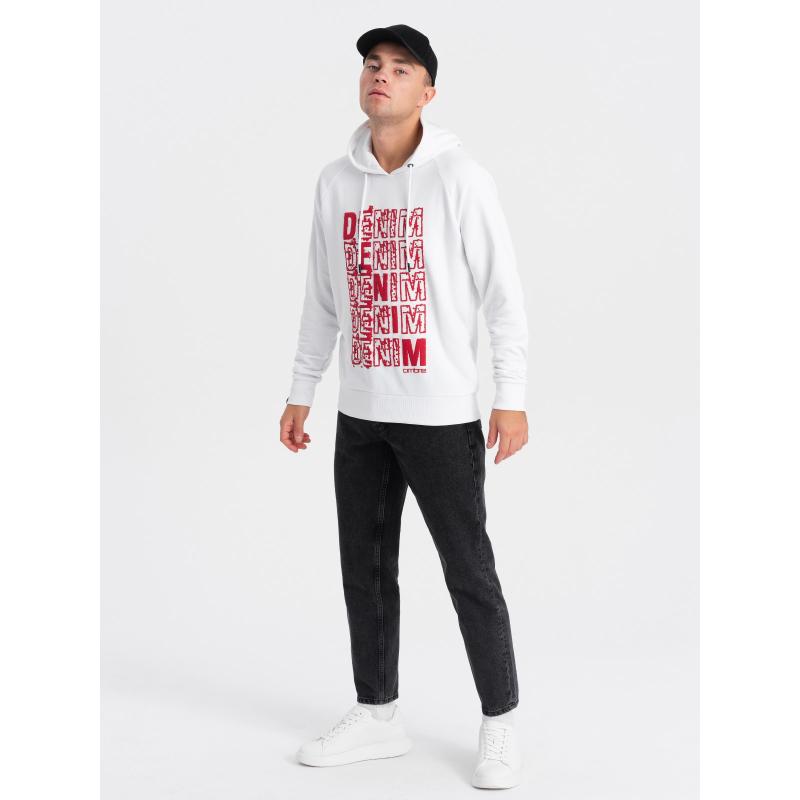 Férfi kenguru kapucnis pulóver kapucnival és nyomtatással V3 OM-SSPS-0158 OM-SSPS-0158 fehér