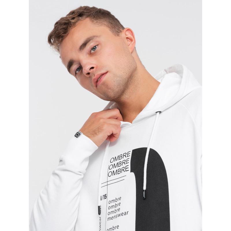 Férfi kapucnis pulóver nyomtatással V1 OM-SSPS-0152 fehér
