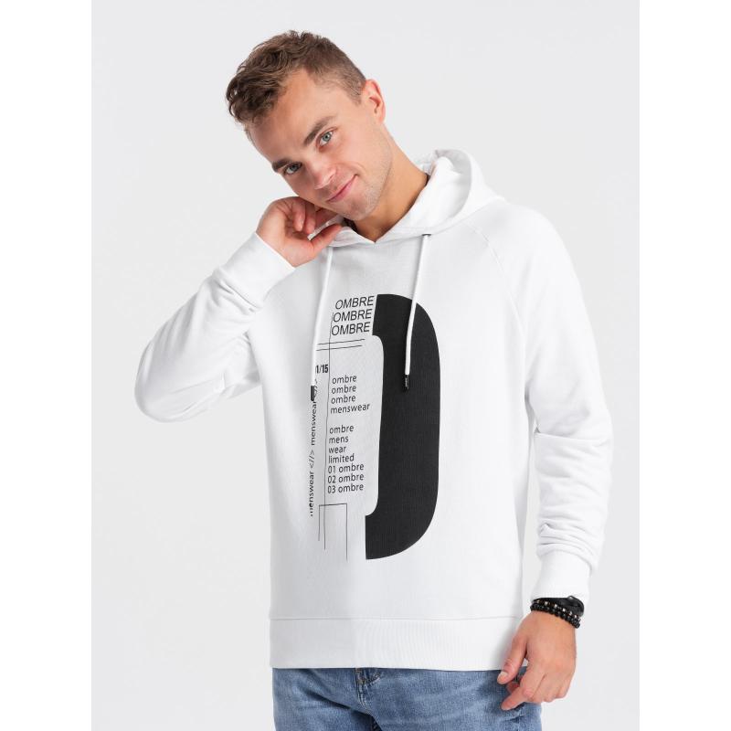 Férfi kapucnis pulóver nyomtatással V1 OM-SSPS-0152 fehér