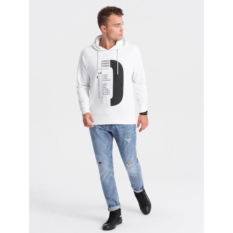 Férfi kapucnis pulóver nyomtatással V1 OM-SSPS-0152 fehér