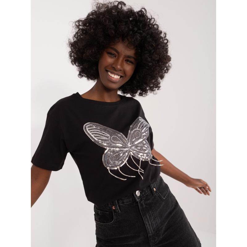 Női póló pillangó applikációkkal FLIES fekete