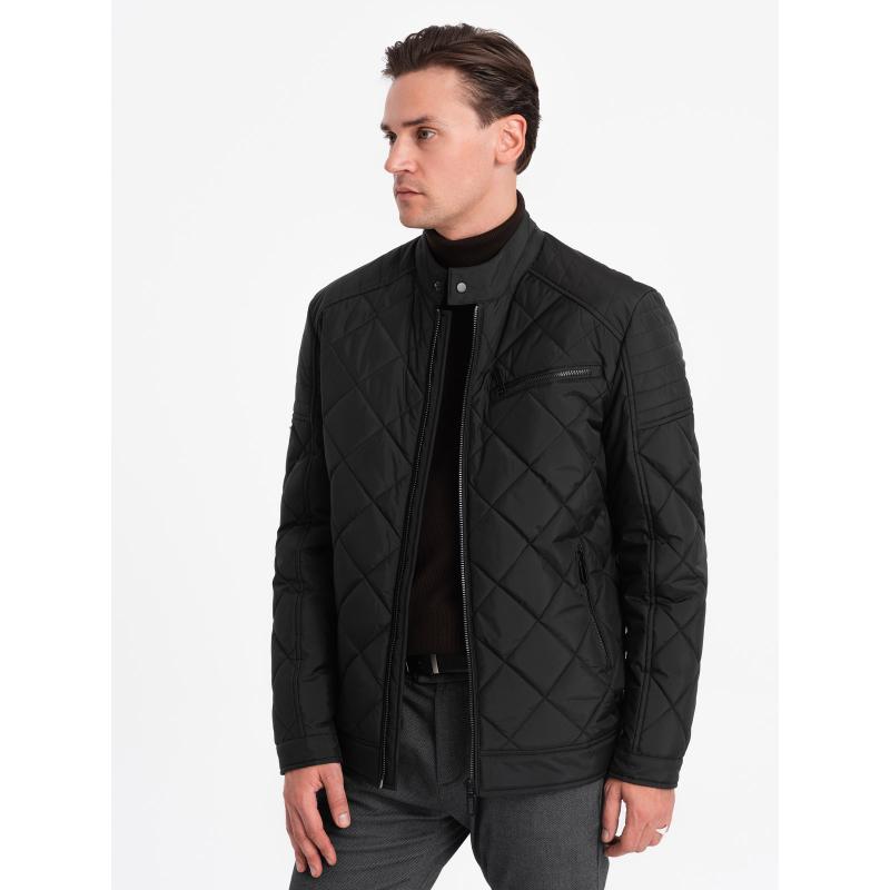 Pánska zateplená bunda BIKER prešívaná kosoštvorcovým vzorom - čierna