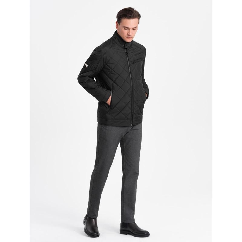 Pánska zateplená bunda BIKER prešívaná kosoštvorcovým vzorom - čierna