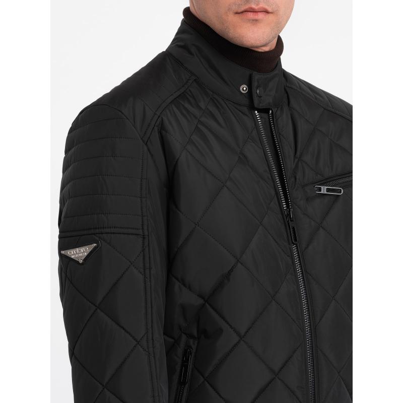 Pánska zateplená bunda BIKER prešívaná kosoštvorcovým vzorom - čierna