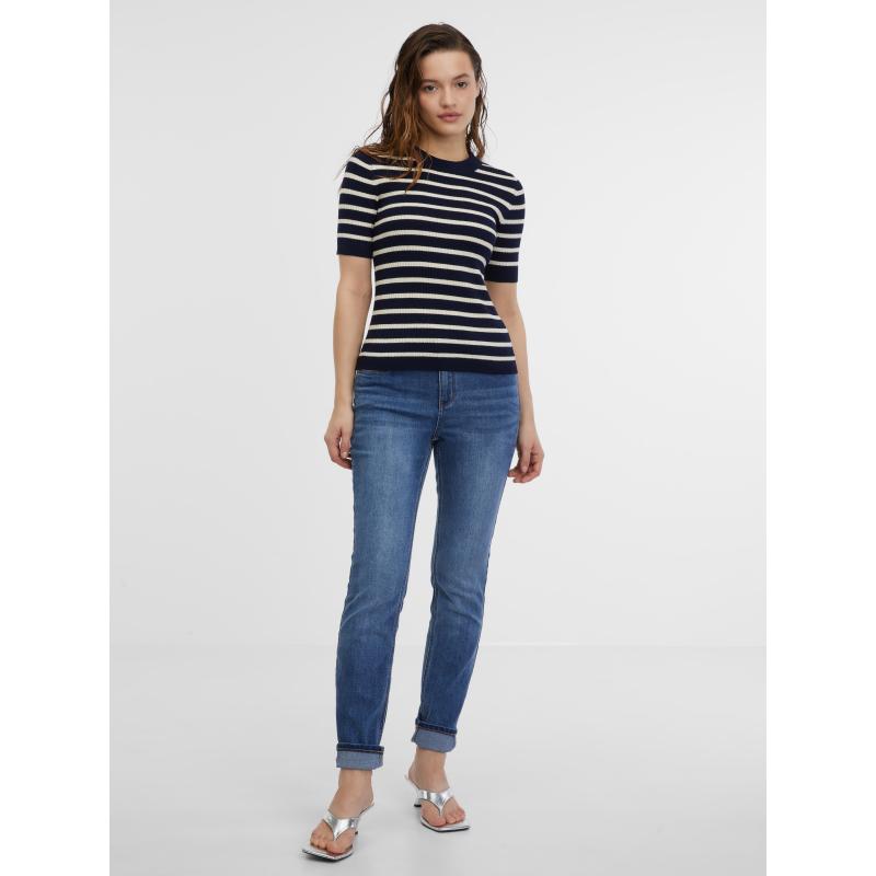 Sötétkék női csíkos kötött felső