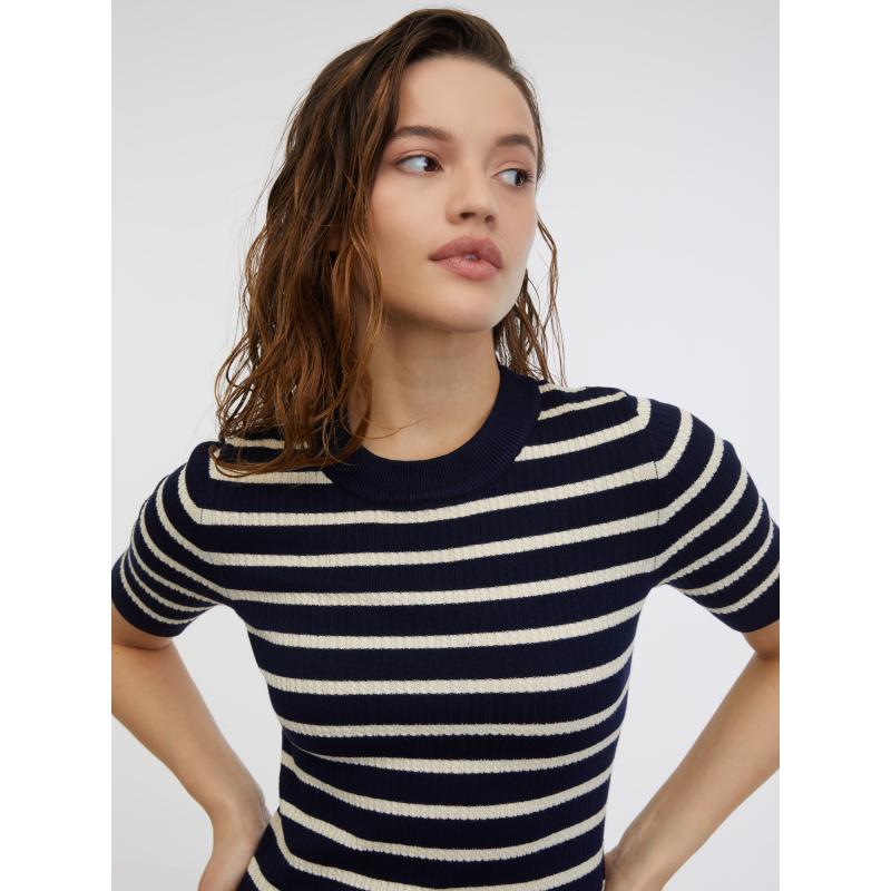 Sötétkék női csíkos kötött felső