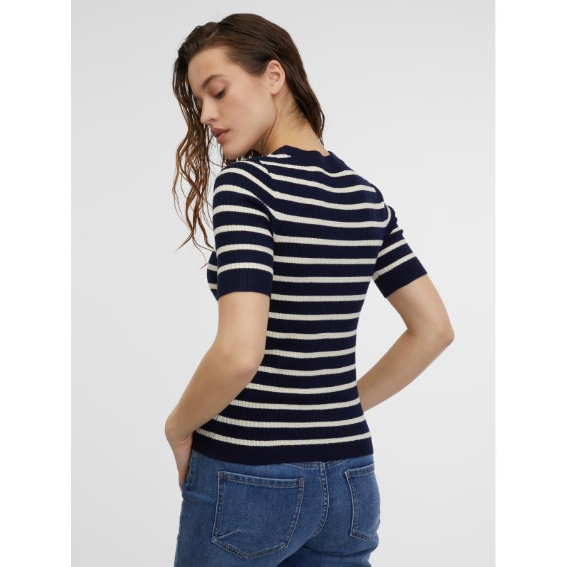 Sötétkék női csíkos kötött felső