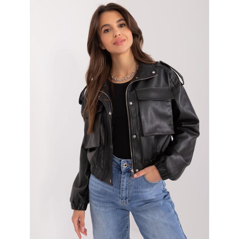 Női ökobőr kabát elasztikus derékszíjjal SET fekete