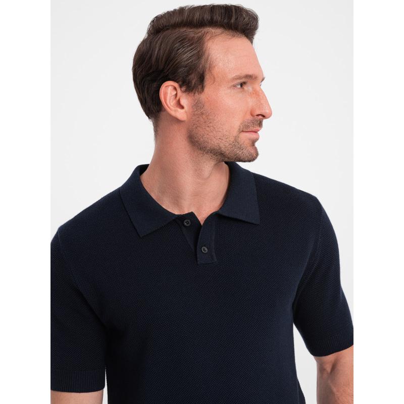 Pánská strukturovaná pletená polokošile V2 OM-POSS-0117 tmavě modrá 